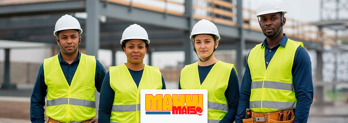 Equipe de obras utilizando capacete com jugular